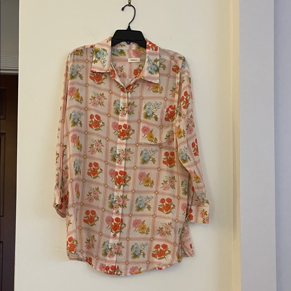 Spell Floral Grid Button-Up Blouse in Pink, Orange, Blue